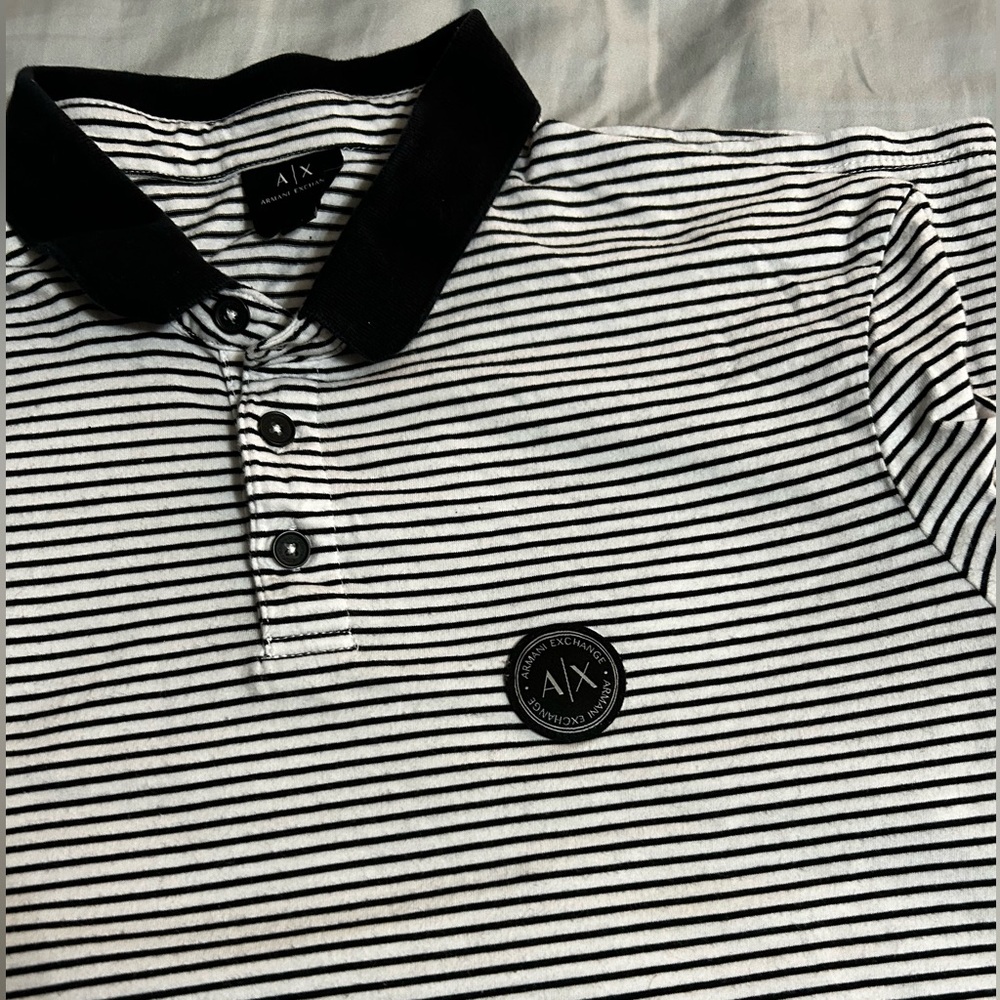 Armani Exchange Black and White Striped Polo Shirt